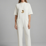 Damen-Jumpsuit mit Rundhalsausschnitt und weitem Hosenbein