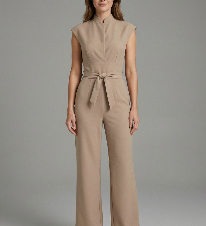Damen-Jumpsuit mit Stehkragen und Taillenkordel