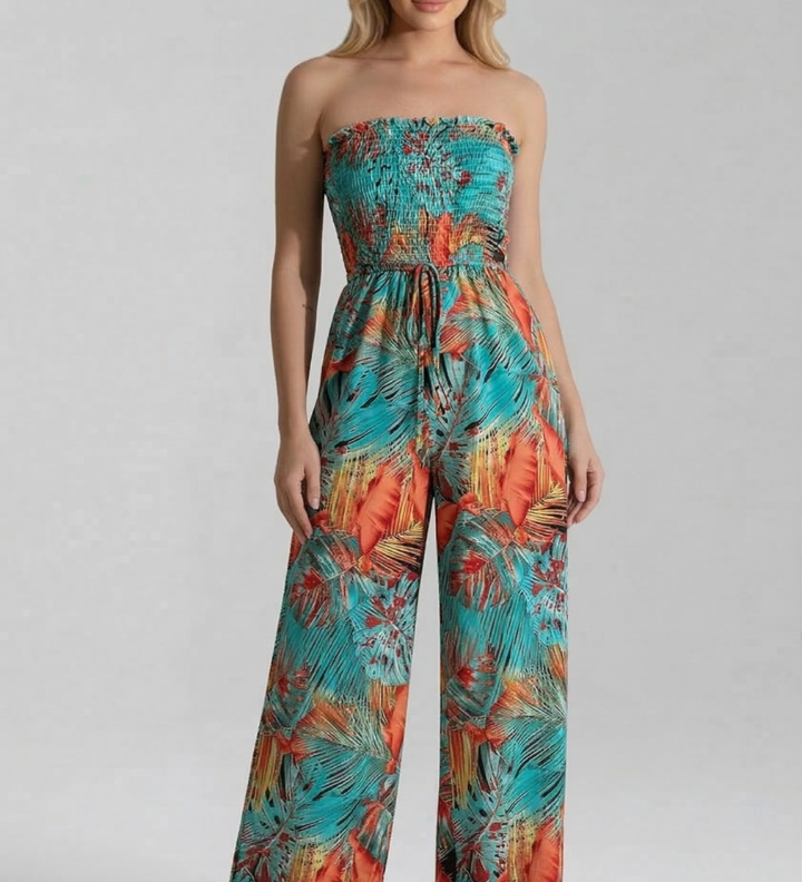Damen-Jumpsuit mit schulterfreiem Ausschnitt und bedruckter Oberfläche