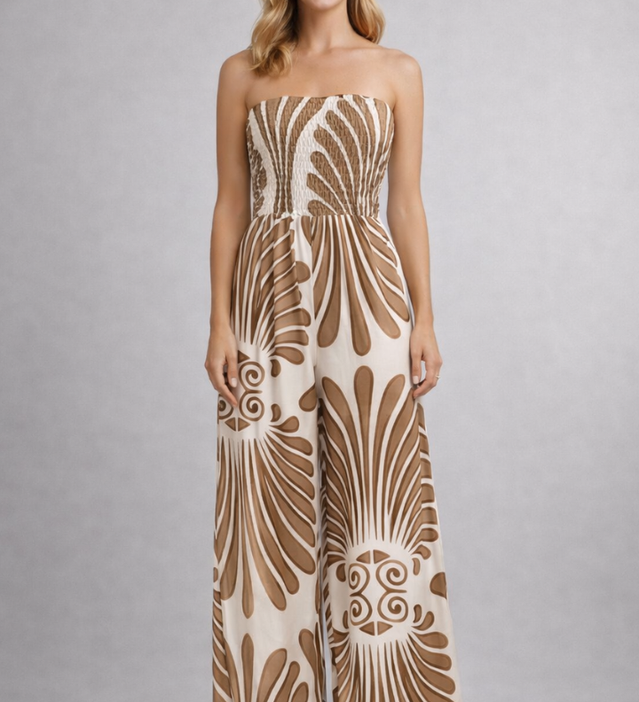 Damen-Jumpsuit mit strapless Dekolleté und bedruckter Oberfläche