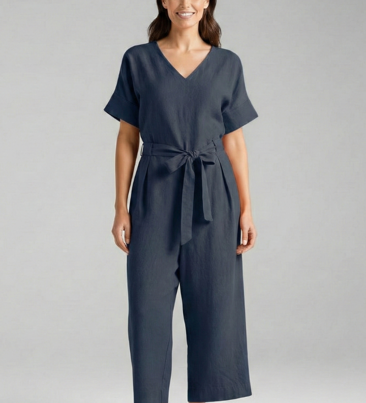 Damen-Jumpsuit mit V-Ausschnitt und Bindegürtel
