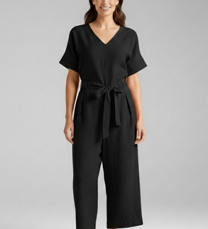 Damen-Jumpsuit mit V-Ausschnitt und Bindegürtel