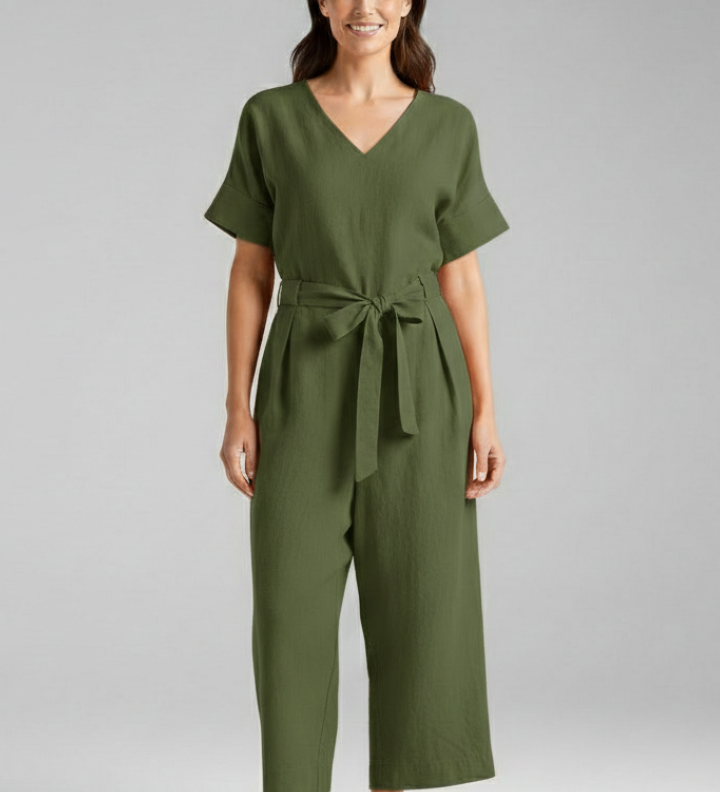 Damen-Jumpsuit mit V-Ausschnitt und Bindegürtel