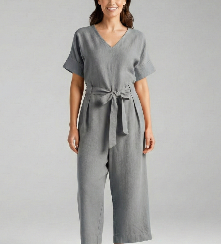 Damen-Jumpsuit mit V-Ausschnitt und Bindegürtel