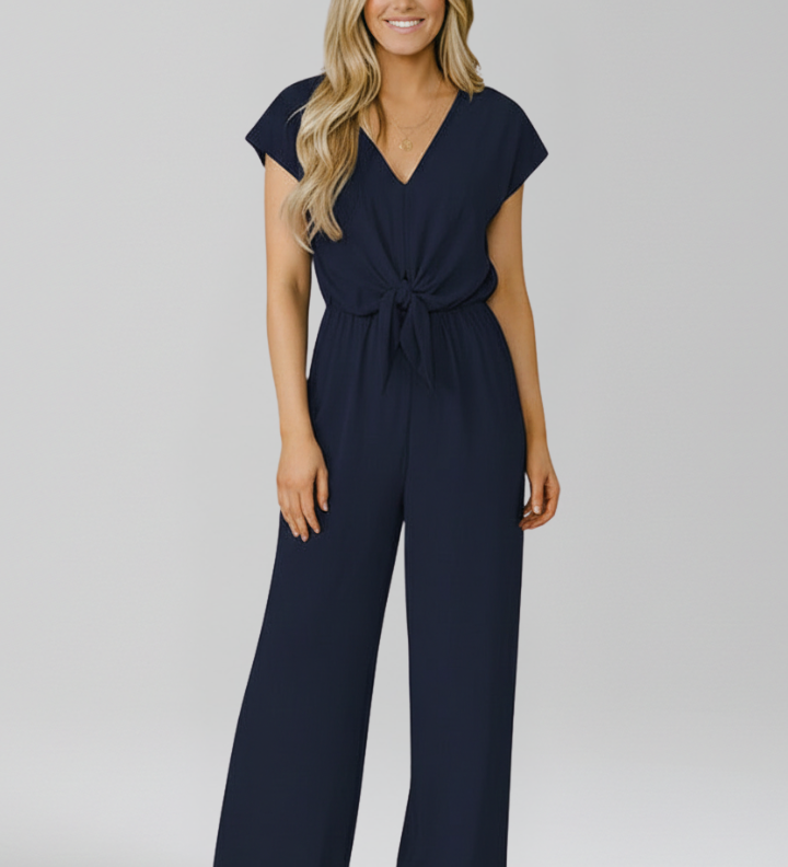 Damen-Jumpsuit mit V-Ausschnitt und gebundenem Bund
