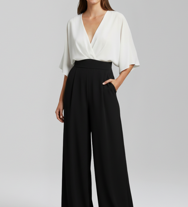 Damen-Jumpsuit mit V-Ausschnitt und weitem Bein
