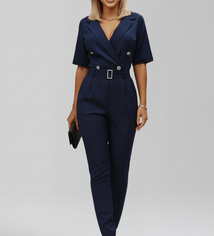 Damen-Jumpsuit mit V-Ausschnitt und gebundenem Taillengürtel