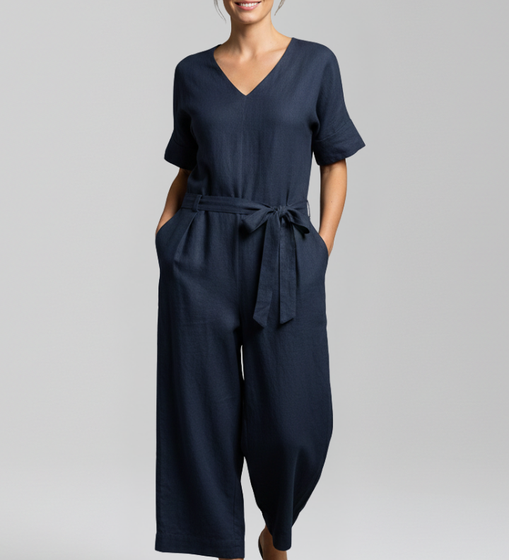 Damen-Jumpsuit mit V-Ausschnitt und Taillenband