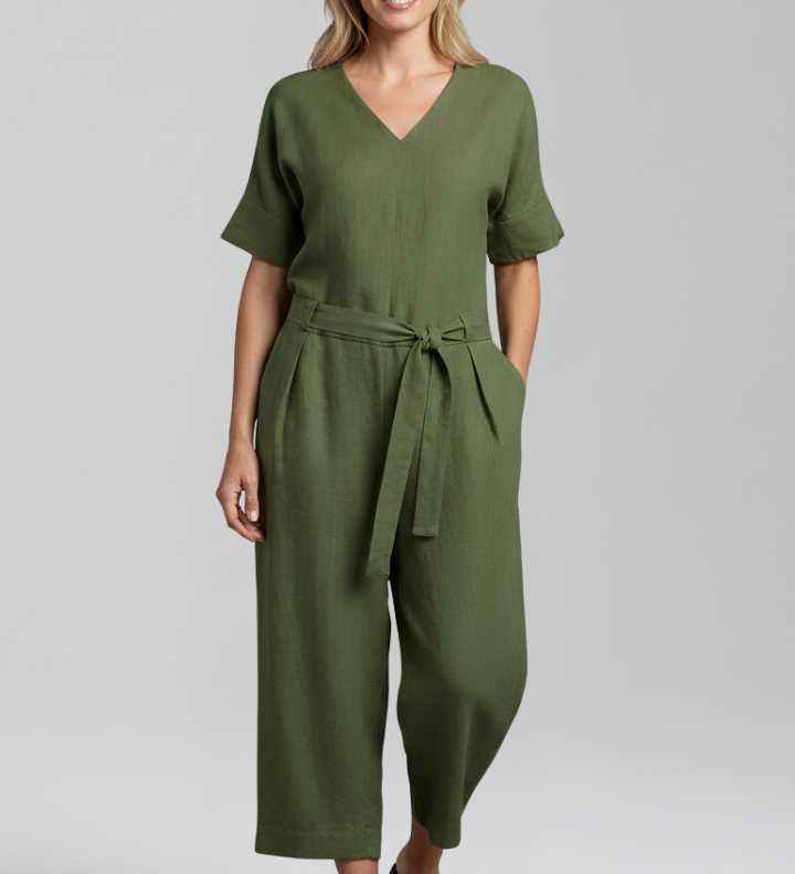 Damen-Jumpsuit mit V-Ausschnitt und Taillenband