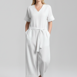 Damen-Jumpsuit mit V-Ausschnitt und Taillenband