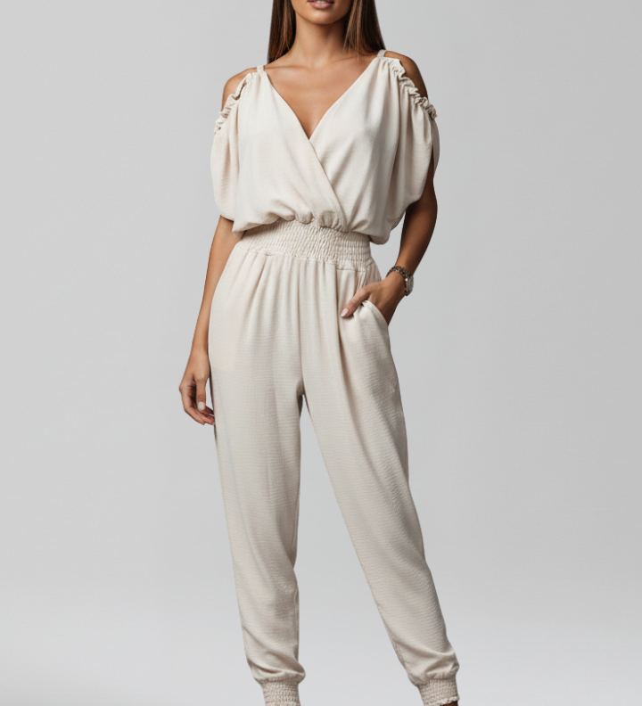 Damen-Jumpsuit mit Wickelausschnitt und elastischem Bund