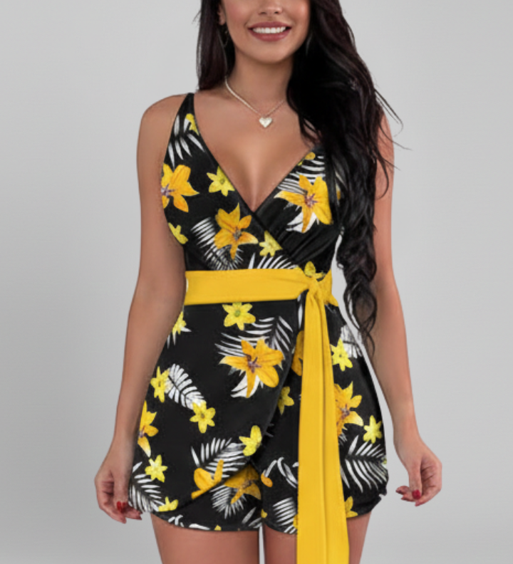 Damen-Jumpsuit mit Wickelausschnitt und bedrucktem Finish