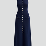 Damen Strick Maxi Kleid mit ärmellosem Schnitt und Frontknöpfen