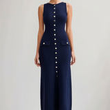 Damen Strick Maxi Kleid mit ärmellosem Schnitt und Frontknöpfen