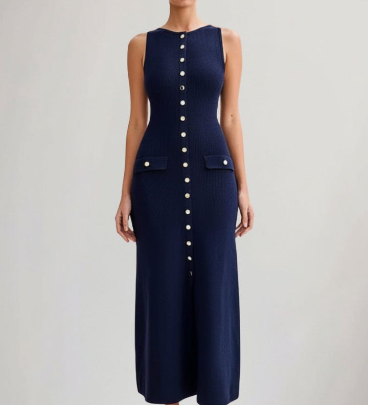 Damen Strick Maxi Kleid mit ärmellosem Schnitt und Frontknöpfen