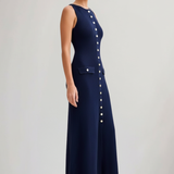 Damen Strick Maxi Kleid mit ärmellosem Schnitt und Frontknöpfen