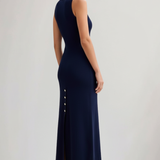 Damen Strick Maxi Kleid mit ärmellosem Schnitt und Frontknöpfen