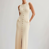 Damen Strick Maxi Kleid mit ärmellosem Schnitt und Frontknöpfen