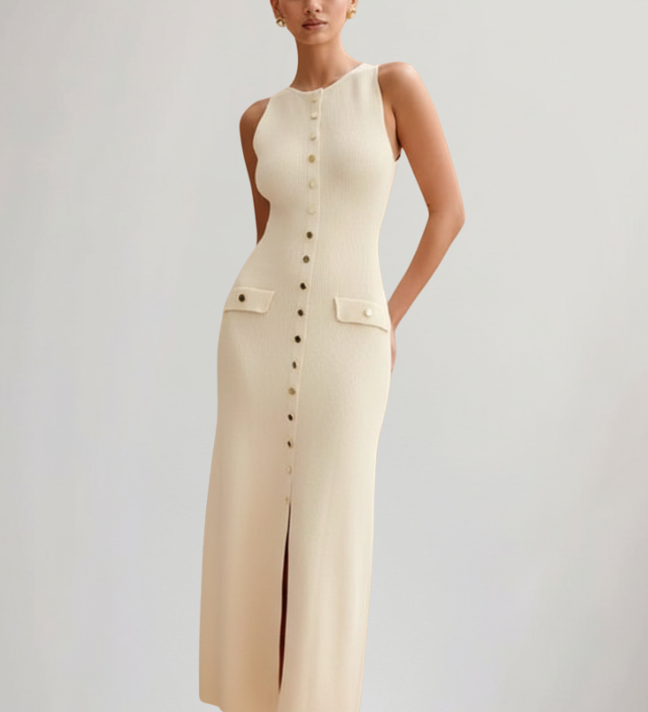 Damen Strick Maxi Kleid mit ärmellosem Schnitt und Frontknöpfen