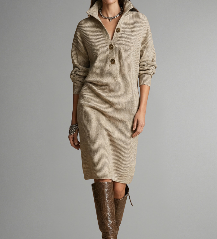 Damen Strickkleid mit gerippter Textur und Knopfleiste