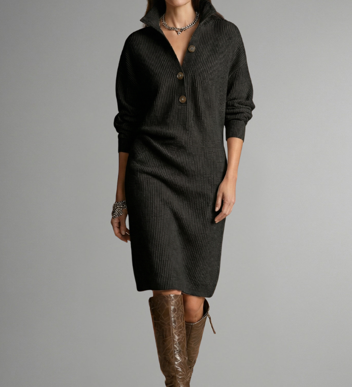Damen Strickkleid mit gerippter Textur und Knopfleiste