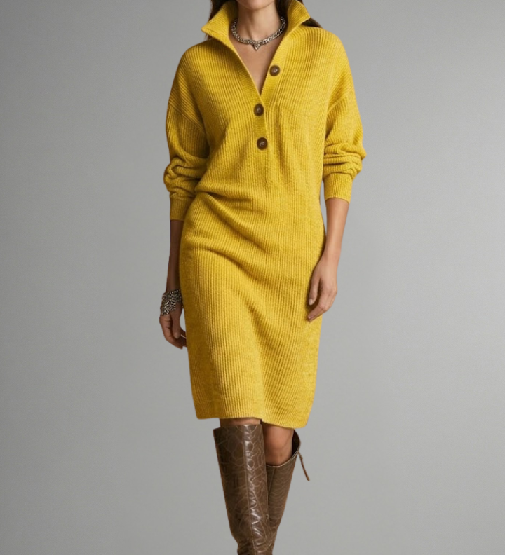 Damen Strickkleid mit gerippter Textur und Knopfleiste