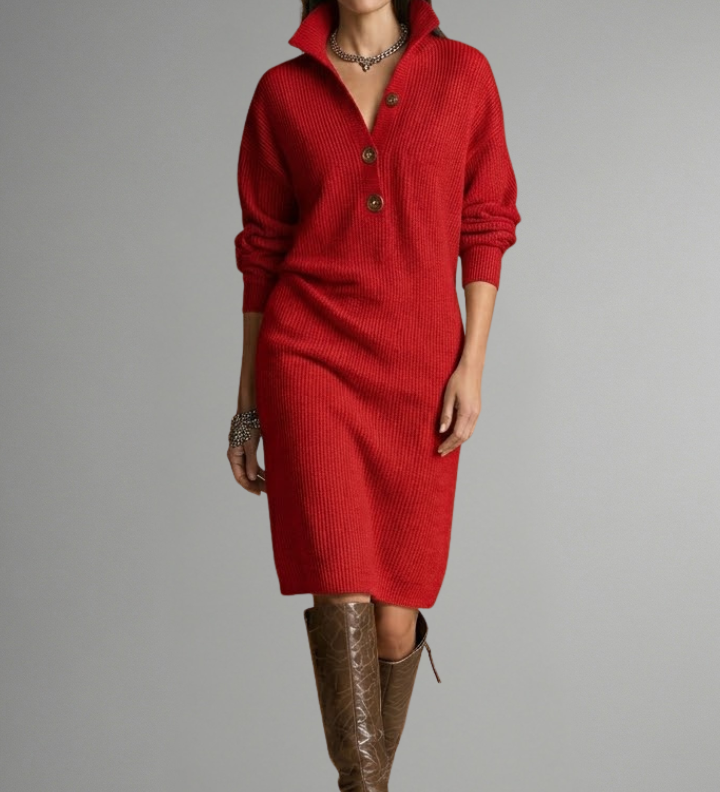 Damen Strickkleid mit gerippter Textur und Knopfleiste