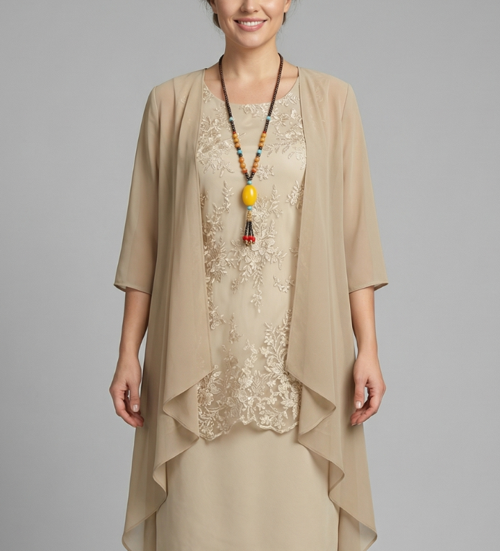 Damen Schichtkleid mit Rundhalsausschnitt und transparenter Überlage