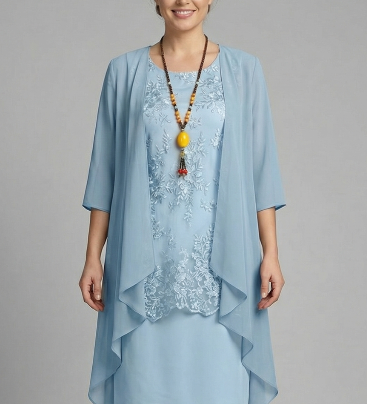 Damen Schichtkleid mit Rundhalsausschnitt und transparenter Überlage