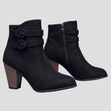 Damen Leder Cowboy Stiefel mit Schnallen-Detail und stabiler Ferse