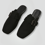 Damen Leder Slipper mit Schnallenverschluss und quadratischer Zehenform