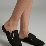 Damen Leder Slipper mit Schnallenverschluss und quadratischer Zehenform