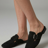 Damen Leder Slipper mit Schnallenverschluss und quadratischer Zehenform