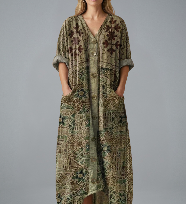 Maxikleid für Damen mit Stickerei und Seitentaschen
