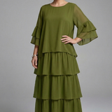 Maxikleid für Damen mit Rundhalsausschnitt und gestuftem Rock