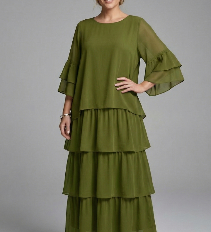 Maxikleid für Damen mit Rundhalsausschnitt und gestuftem Rock