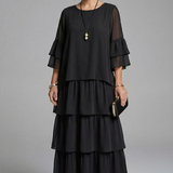 Maxikleid für Damen mit Rundhalsausschnitt und gestuftem Rock