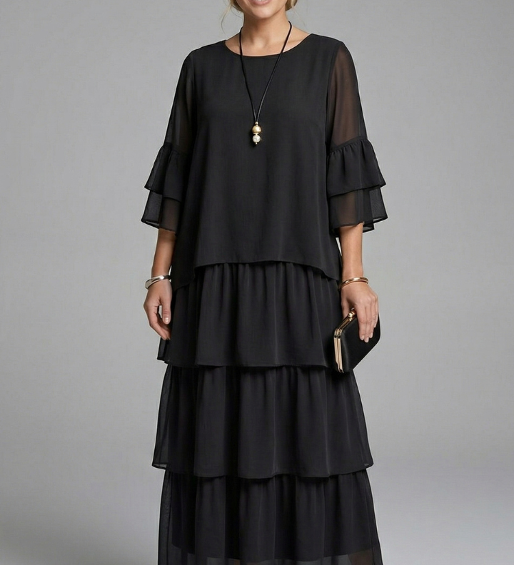 Maxikleid für Damen mit Rundhalsausschnitt und gestuftem Rock