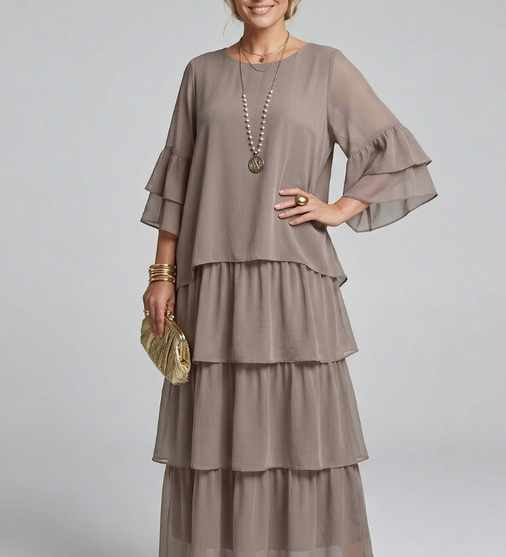 Maxikleid für Damen mit Rundhalsausschnitt und gestuftem Rock