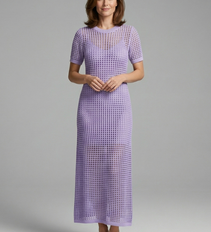 Damen Maxi-Kleid mit kurzen Ärmeln und durchbrochener Oberfläche