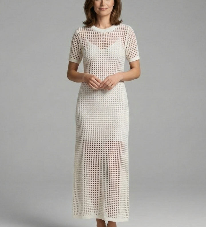 Damen Maxi-Kleid mit kurzen Ärmeln und ausgeschnittenem Oberflächenmuster