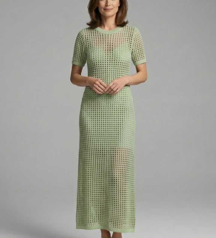 Damen Maxi-Kleid mit kurzen Ärmeln und ausgeschnittenem Oberflächenmuster