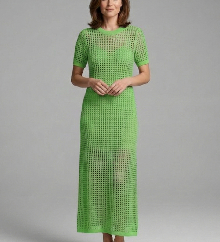Damen Maxi-Kleid mit kurzen Ärmeln und durchbrochener Oberfläche