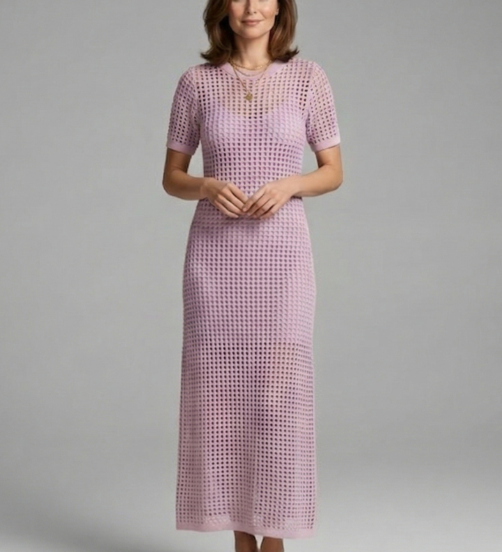 Damen Maxi-Kleid mit kurzen Ärmeln und ausgeschnittenem Oberflächenmuster