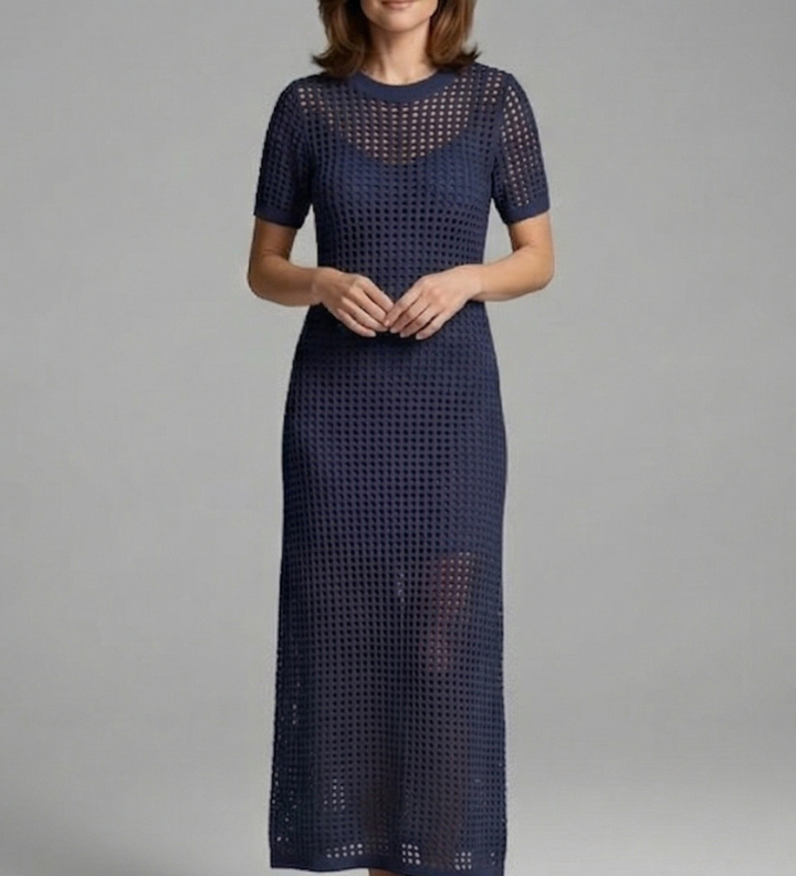Damen Maxi-Kleid mit kurzen Ärmeln und durchbrochener Oberfläche