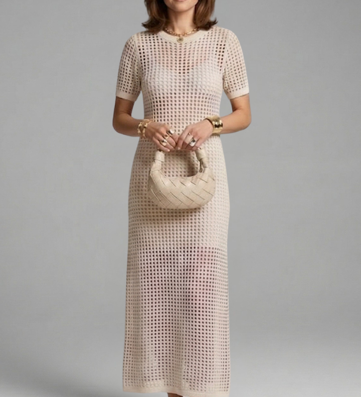 Damen Maxi-Kleid mit kurzen Ärmeln und durchbrochener Oberfläche
