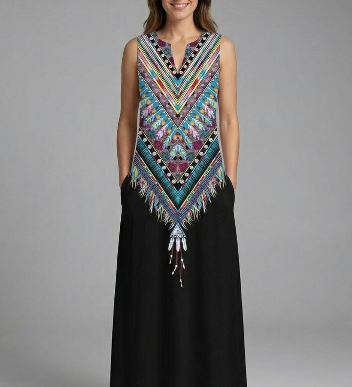 Maxikleid für Damen mit Schlitz-Ausschnitt und ärmellosem Design