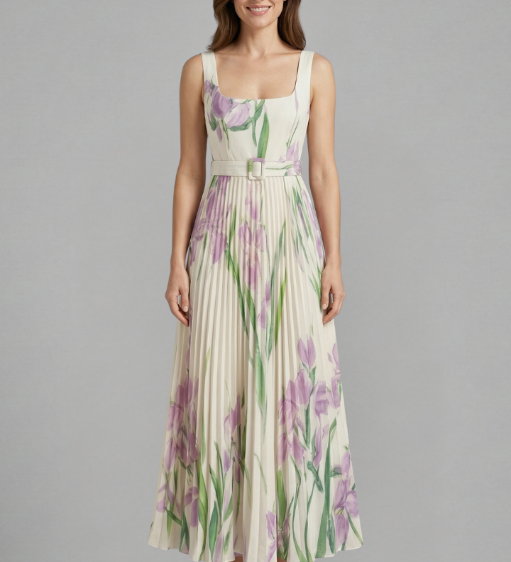 Maxikleid für Damen mit quadratischem Ausschnitt und plissiertem Rock