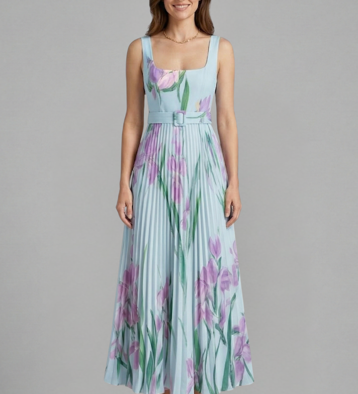 Maxikleid für Damen mit quadratischem Ausschnitt und plissiertem Rock