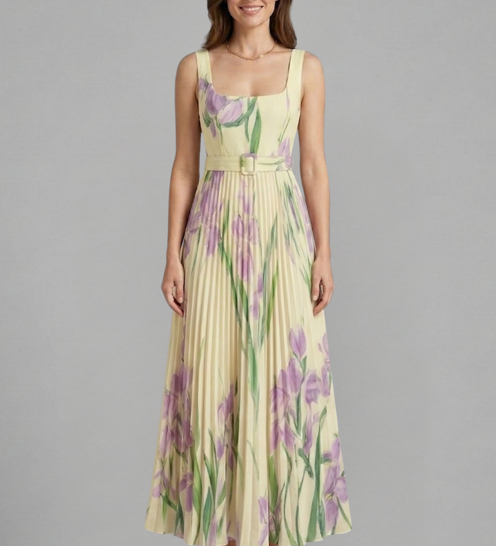 Maxikleid für Damen mit quadratischem Ausschnitt und plissiertem Rock